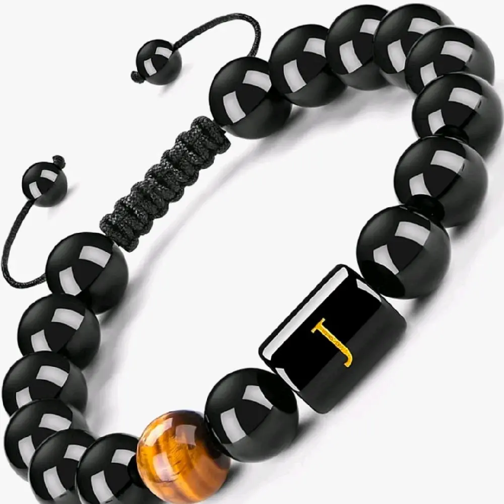 Initials Bracelets for Men Letter Link, Handmade Nature Black