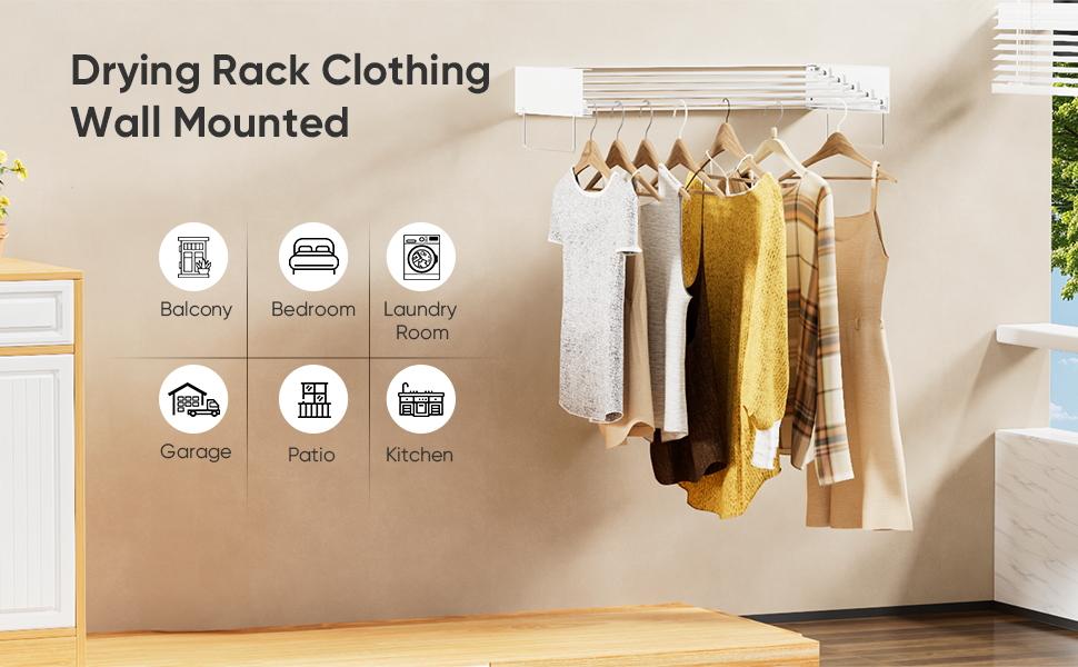 Wall-mounted clothes drying rack, foldable clothes rack, foldable hanger, with 2 towel racks and wall template, suitable for hanging clothes indoors and outdoors, 5 rods