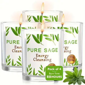 Set of 4 Long Lasting Pure Sage Smudge Candles - 88 Hour Burn, 3.5 Oz Each, Made with Soy Wax and Herb, Ideal for House Energy Cleansing, Meditation & Manifestation