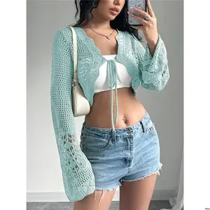Vacation Cropped Out Hollow Color Solid s Women Flirla Front Tie Long Sleeve Cardigan Wear