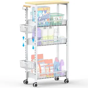 7.8 Inch Ultra-Slim 4-Tier Rolling Storage Cart with Adjustable Shelves - Lockable Wheels & Wooden Top for Narrow Spaces Between Washer/Dryer, Bathroom, Kitchen Organization (White)
