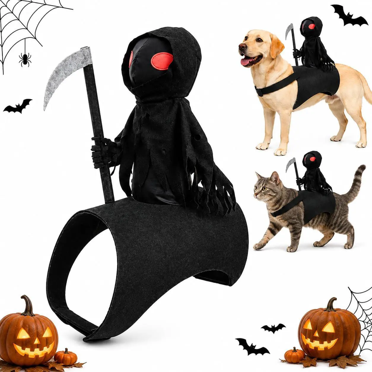 Halloween Grim Reaper Pet Costume, Spooky Riding Harness Outfit with Scythe for Dogs & Cats, Funny Party Cosplay Apparel