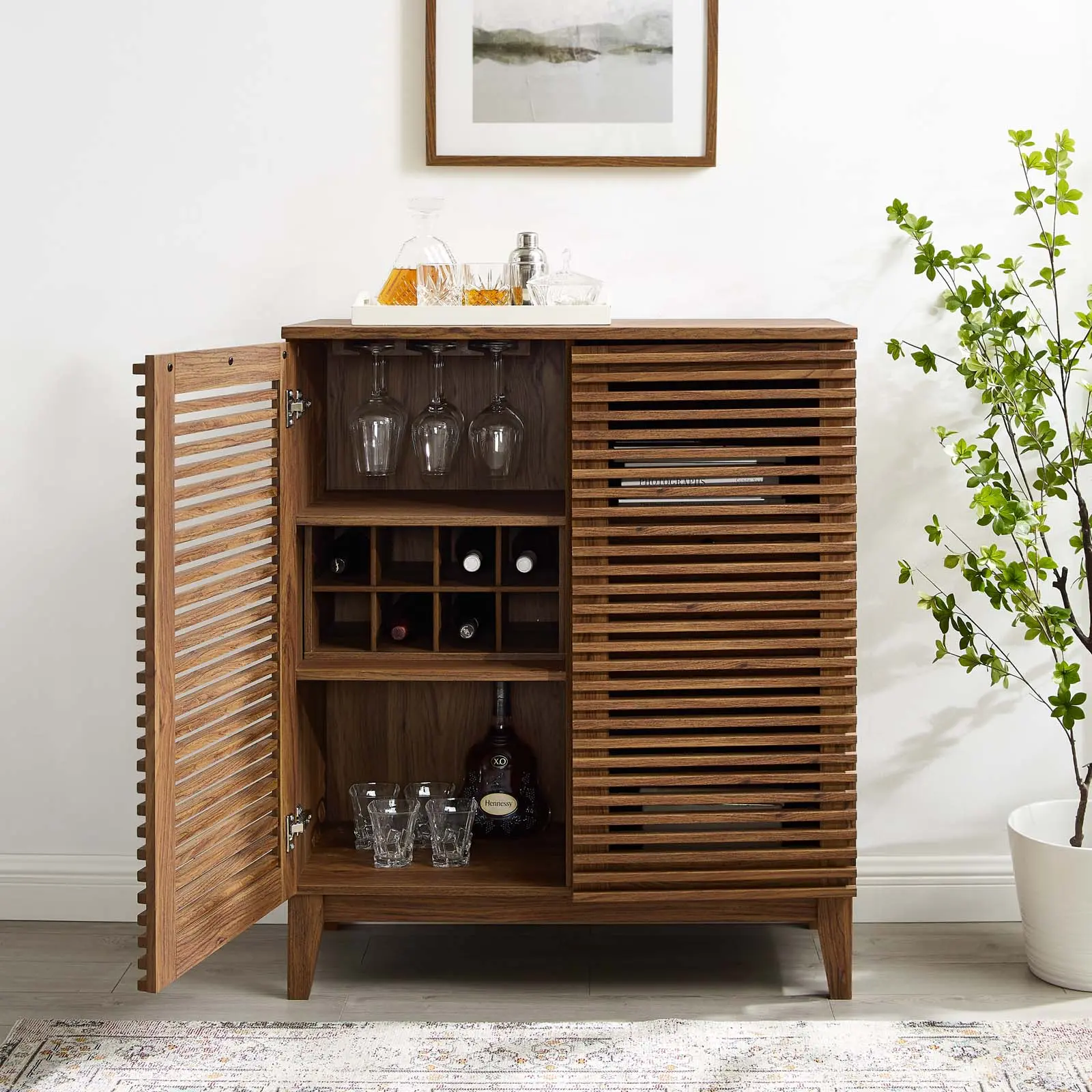 Modway Render Walnut Bar Cabinet, Indoor Home Bar Wine Cabinet, Bar Decor