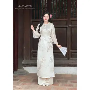Cream Wide Sleeves Ao Dai No Pants | Vietnamese Modernized Dress | Áo Dài Cách Tân D20