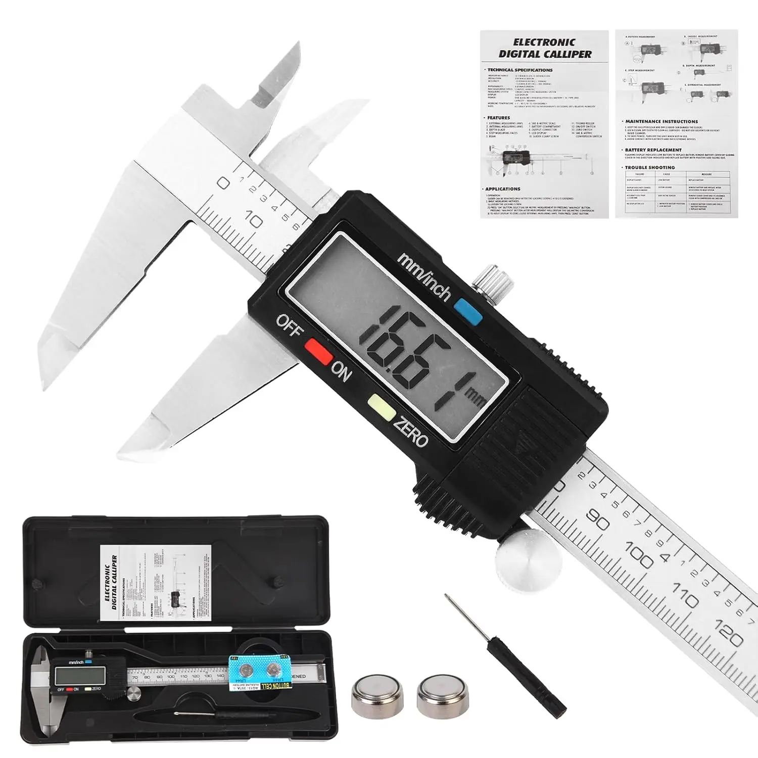 Digital Caliper Measuring Tool, Stainless Steel Vernier Caliper Digital, Micrometer Calipers with Large LCD Screen, AutoOff Feature, Inch Millimeter Conversion, 6 Inch Caliper Tools for DIY/Household