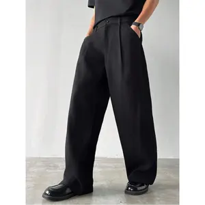 Men's Thicker Wide Leg Pleated Trousers With Pockets, Autumn, Fall loose menswear Casual Fabric