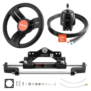 VEVOR Outboard Hydraulic Steering Kit, 200 HP, Marine Boat Hydraulic Steering System with 6.9 MPa Two-Way Lock Helm Pump, Cylinder, 2 PCS 26 ft Hoses, 13.5 Wheel for Single Station, Single-Engine Use