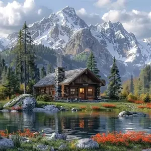 Lakeside log cabin with snow-capped mountains, pine trees and red berries wall art, Diamond Painting Kits, Multiple sizes available including square and round diamonds, This 5D DIY diamond painting set diamond art embroidery kit birthday art gift