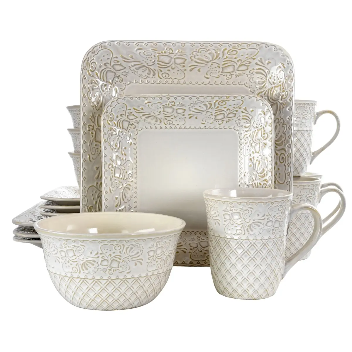 212 MAIN 16-Piece Ivory Lotus Baroque Square Stoneware Tableware Set - Plates, Bowls, Mugs, Cutlery, Ceramic, Dishwasher-Safe Reusable Dinner Sets for Adult Casual Home Use