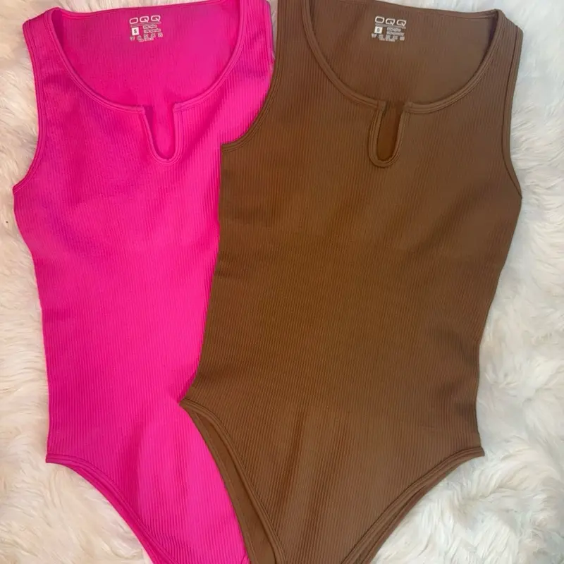 OQQ Women's Bodysuits Sexy Ribbed One Piece Sleeveless Halter Neck Tops Leotard Summer Trendy