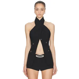 HAELO Wrap Lapel Halter Top in Black