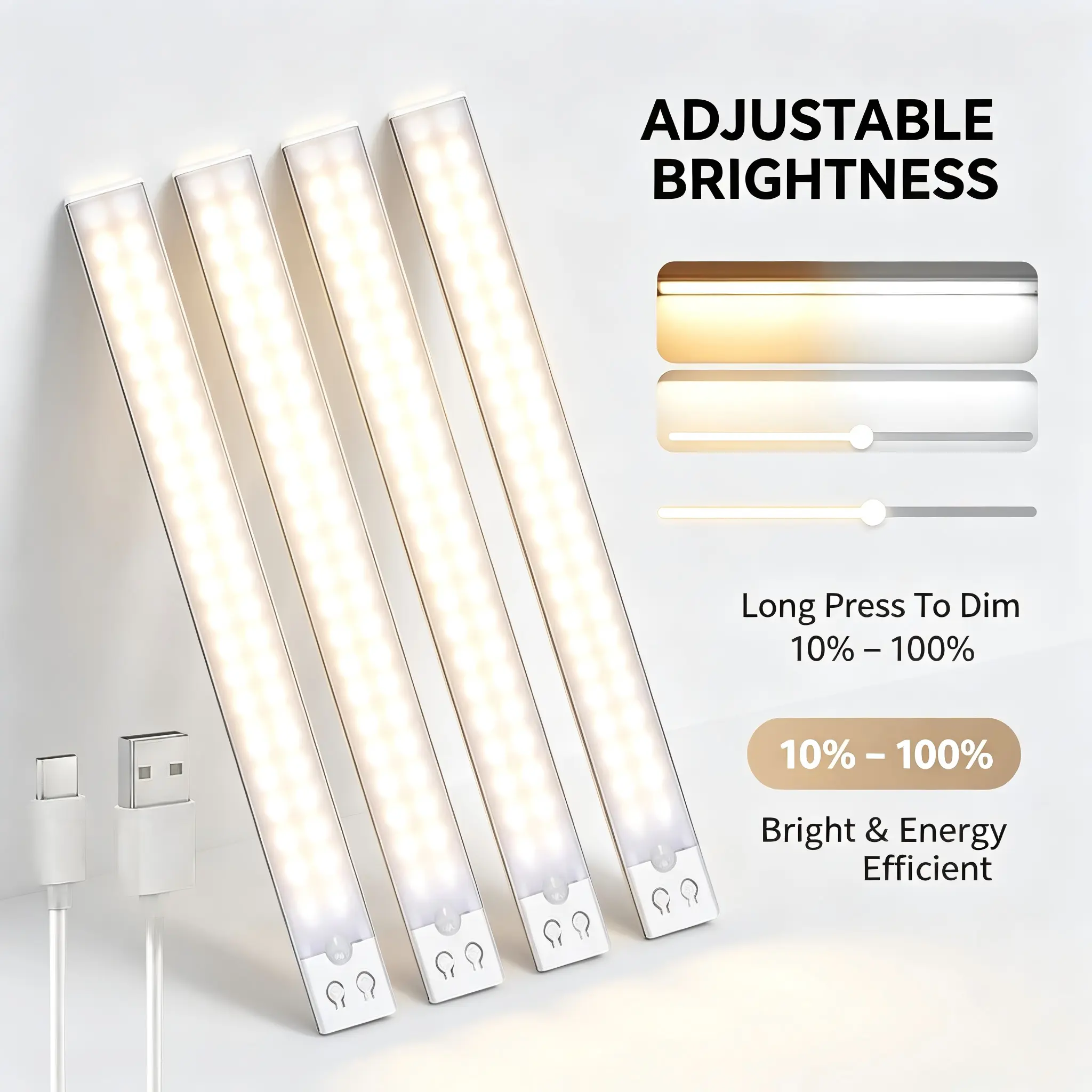 4 Pack Motion Sensor Cabinet Lights | 76 Bright LEDs, 1500mAh USB Rechargeable Magnetic Dimmable Light Bars, No Wires Needed for Closets, Stairs, Bathroom & Garage