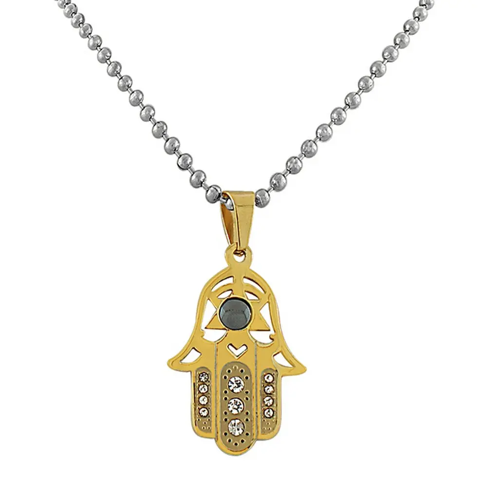 My Daily Styles Women's Religious Hamsa Hand Pendant Necklace - Gold-Tone Stainless Steel Hamsa Charm, Long Beaded Chain & Link Design, 19in, 1.50in x 0.85in