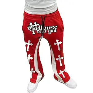 Men's Casual Solid Color Jogging Pants with Sport and Casual Pockets Drawstring Design Red Cross Pattern