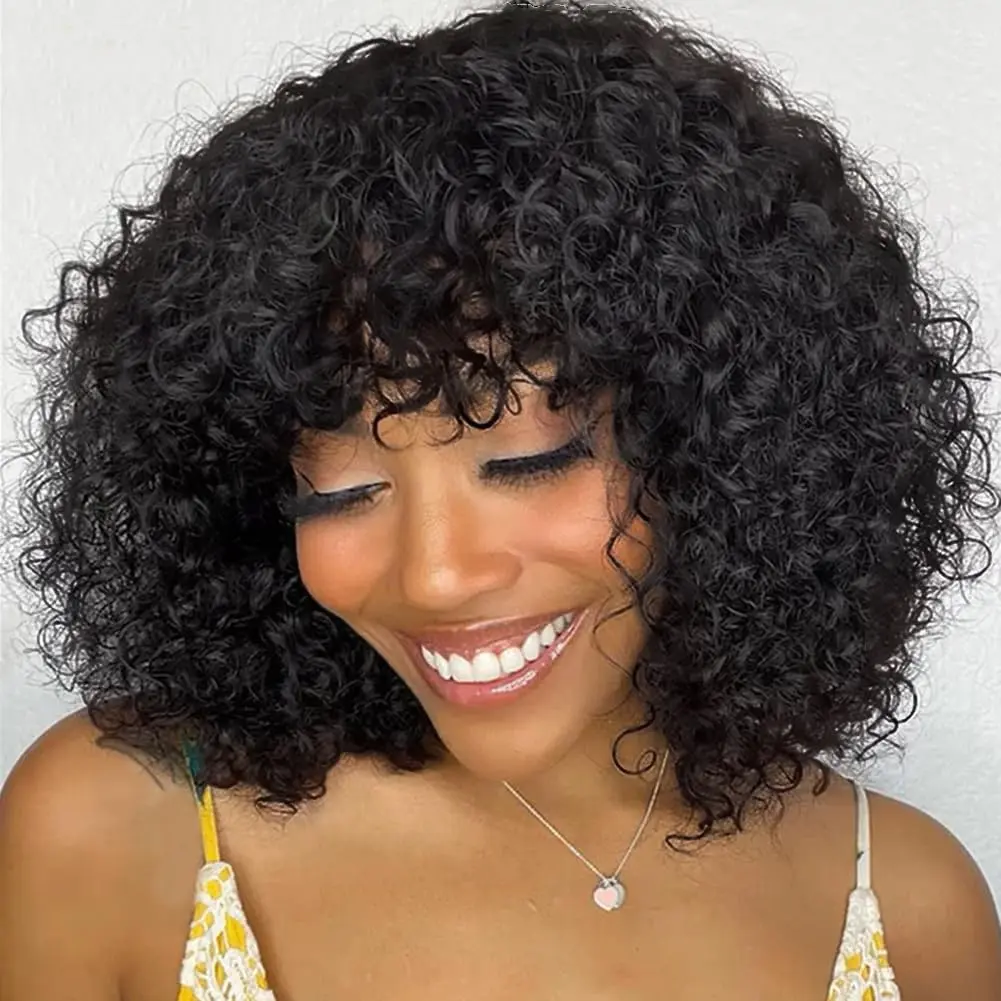 Kinky curly Bob Highlight Brown Short Curly Wig with Bangs Glueless Human Hair for Black  10 inch Wear and Go Brazilian Deep Wave Curly Wigs  Short Water Wave Jerry Curl Wig  None Lace Front  1B piano color wig woman dealsforyoudays
