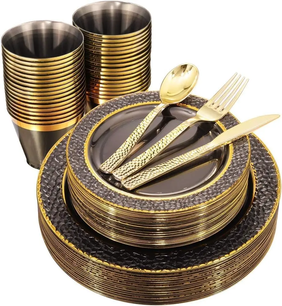 150PCS Clear Black Plastic Plates - Gold Party Plates - Black and Gold Dinnerware Set Include: 50 Plate, 25Cups, 25Forks, 25Knives, 25Spoons for New Year & Party & Halloween