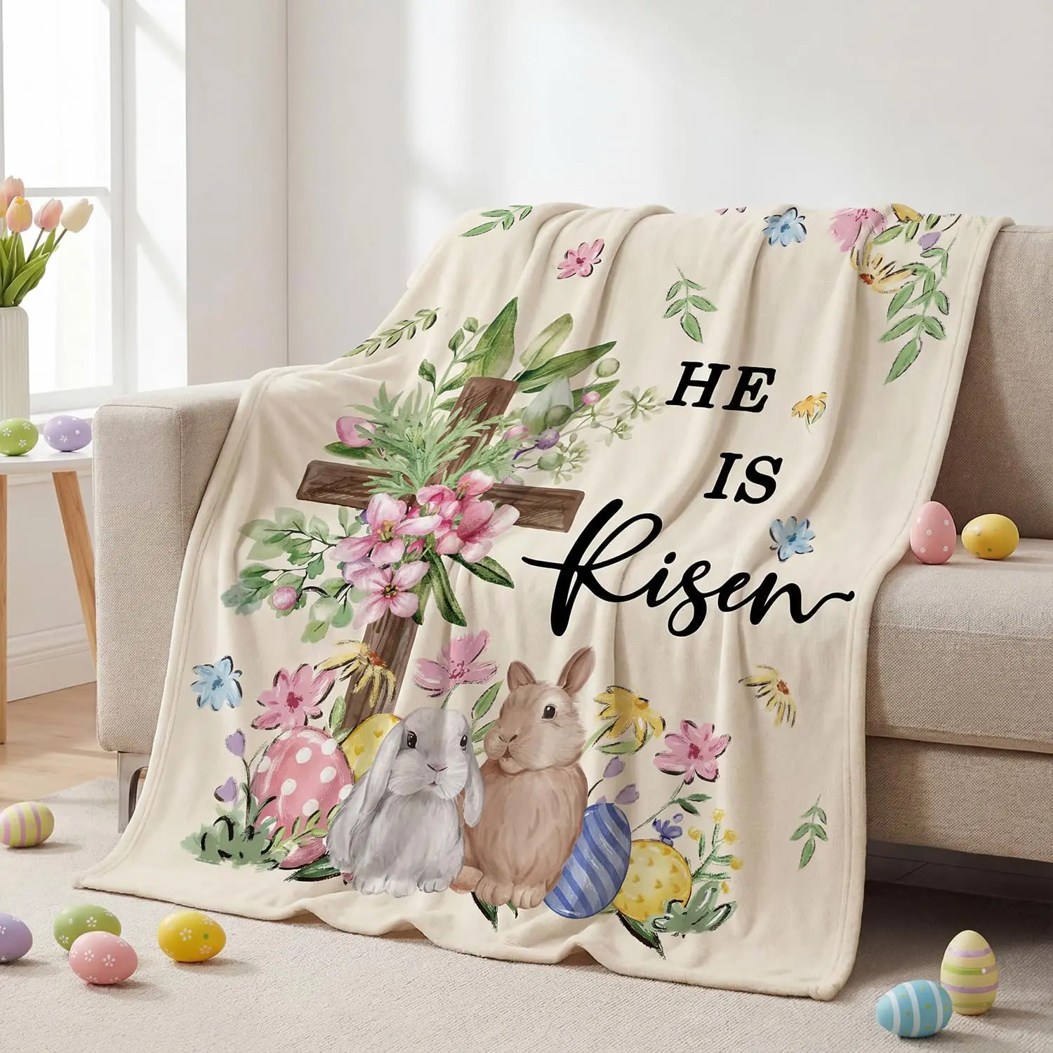 Easter Flannel Blanket Throw, Pink Rabbit Bunny Easter Eggs Flower Leaves Cross Soft Fuzzy Plush Cozy Fleece Blankets for Couch Sofa Bed Lounging, Ideal Gifts for Adults Self