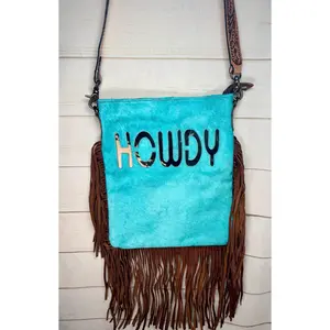 Turquoise Hide Howdy Large Crossbody Bag with Leather Fringe