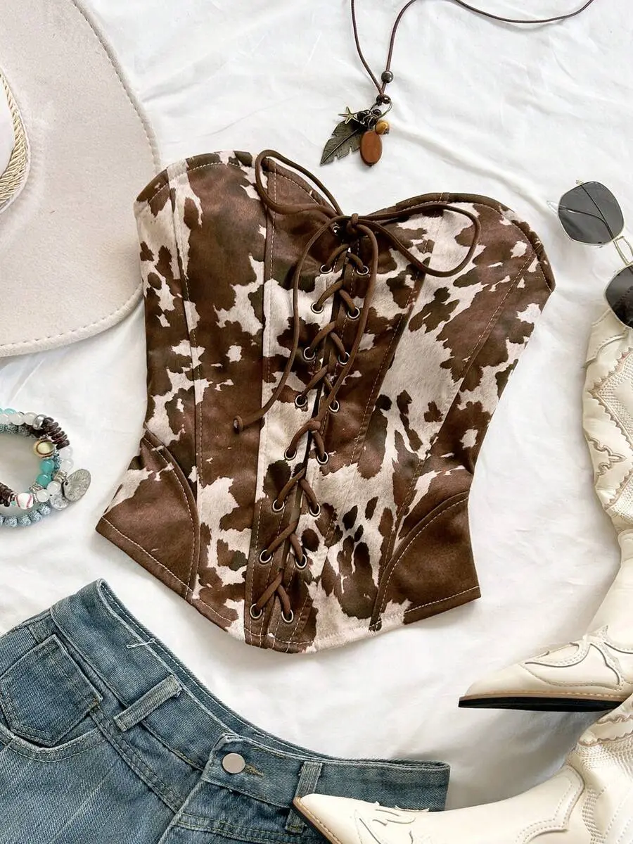 Bohemela Sexy Suede Bandeau Tie-Up Rivet Deconstruct Crop Top, Suitable For Holiday, Music Festival, Boho, Summer Western Top, Cowgirl Top