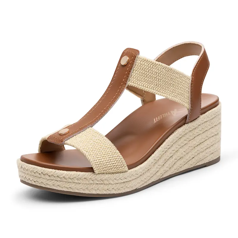 Women's Faux Leather Espadrille Platform Wedge Sandals - Open Toe T-Strap, Breathable Elastic Ankle Strap, Cushioned Sponge, Easy Fit, Fashionable Comfy Summer Footwear for Women