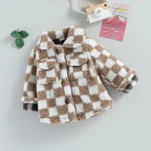 Toddler Girls Fleece Jacket Checkerboard Turn-Down Collar Long Sleeve Button-Down Sherpa Coat Winter Warm Kids Outerwear
