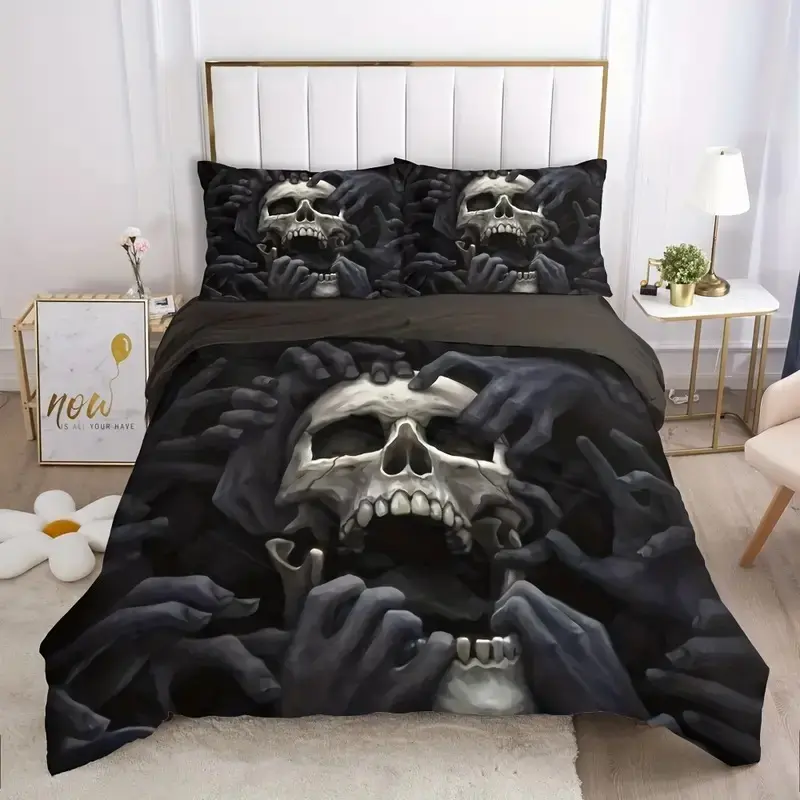 3-Piece 3D Skull Print Duvet Cover Set (1 Duvet Cover + 1-2 Pillowcases), Soft Comfortable Anime Bedding Set Decorative Duvet Cover for Bedroom and Guest Room