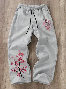 Trendy Japanese Aesthetic Cherry Blossom Print Sweatpants, Oversized Wide-leg Adjustable Drawstring Joggers, Heathered Grey Cozy Everyday Wear, Casual Pants, Essential for Edgy Street & Campus Outfits