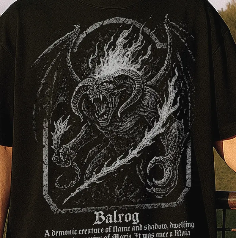 Men's Classic Short-Sleeve Cotton Fabric Round Neck Balrog Graphic T-Shirt - Lord of the Rings Inspired Moria Demon Dark Fantasy Top, Menswear Streetwear Casual Clothes, LOTR Fan Gift