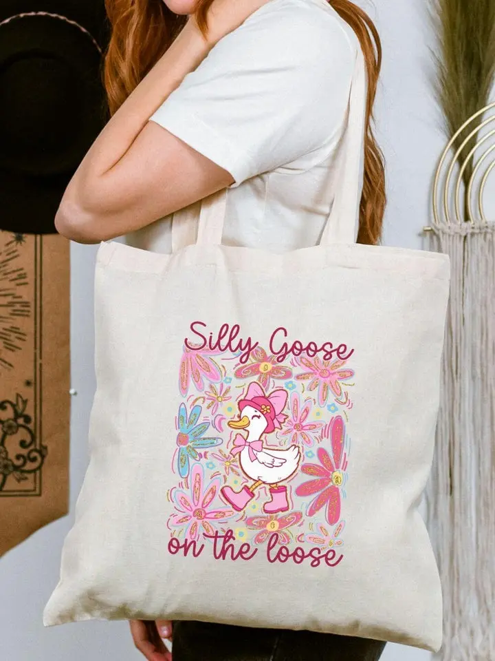 Silly Goose on the Loose Floral Cotton Canvas Tote Bag