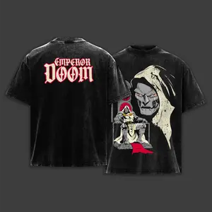 Emperor Doom Washed T-Shirt, Dark Metal Villain Core Washed Tee, Comic Graphic Double Printed Heavyweight Shirt, Gift For Comic Fan Crewneck Casual Cotton Fabric Menswear