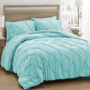 Comforter Set Aqua Blue - Soft Pintuck Down Alternative Bedding Set for All Seasons, 3 count Pinch Pleat Solid Bed Set with Comforter, 2 Pillowcases