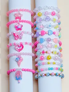 18pcs Acrylic Beaded Bracelet Set, Resin Star Butterfly Heart Pendants, Party Gift for Girls, All Seasons Wear, Random Colors