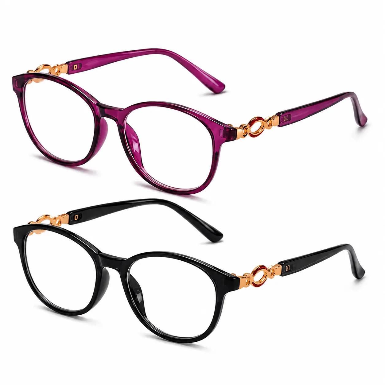 Women’s Reading Glasses +1.0 to +4.0, Vintage Purple Oval Readers with Decorative Hinges, Stylish Lightweight Fashion Eyewear