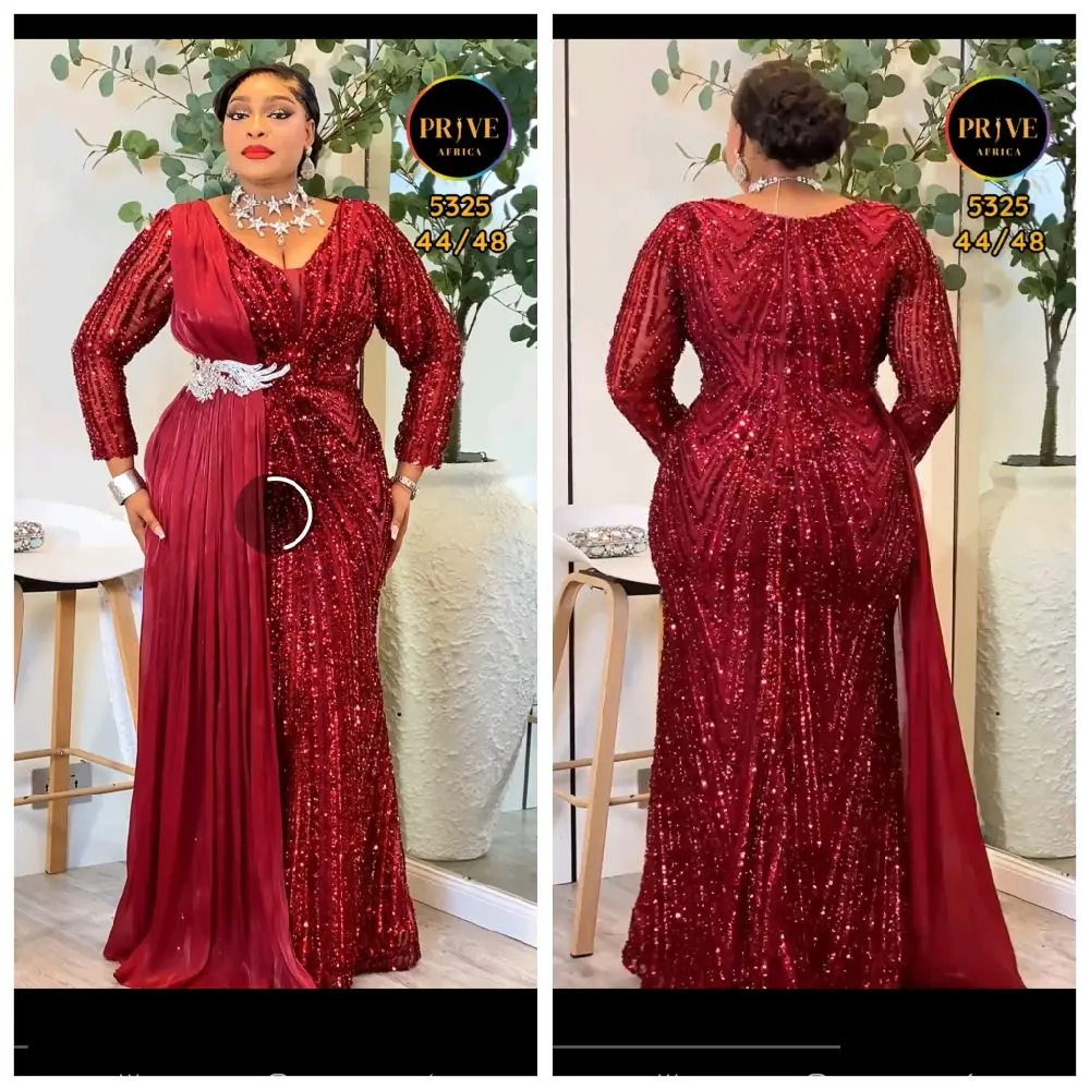 Women's Modest Luxury Turkey Red Sequin V-Neck Long Sleeve Gown Dresses, Elegant Fashion Style Fabric, Size 44/48 for Special Occasions