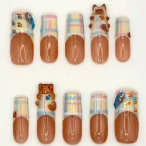 S101 Katy Nails – Cozy Animal Press-On Nails, 3D Cat & Bird, Pastel Plaid with Paw Prints, Brown Nude Base, Handmade Cute Vintage Nail Set, Gift For Her