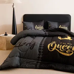 3-Piece Crown Letter Pattern Quilt Set (1 Quilt + 2 Pillowcases), Soft Breathable, Digital Print, Suitable for Bedroom Dorm Home Use, Bedding Sets