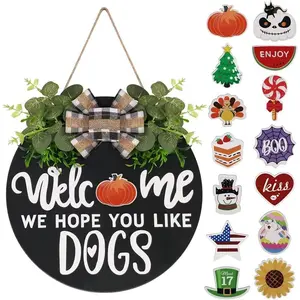 Interchangeable Wooden Seasonal Welcome Sign, Rustic Round Dogs Sign Front Door Wreaths for Home/Wall/Porch Decor, for Easter Spring Summer Fall Halloween Christmas All Season Decorations