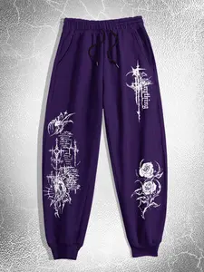 Men's Outdoor Sports Pants Gothic Print Y2K Style Long Pants, Fitted Geometric Pattern, Spring & Fall Fashion, Street Style, Fitness Sports Pants