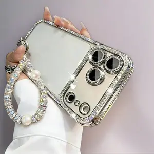 Women's Phone Case with DIY Imitation pearl bracelet for iPhone 12/13/14/15/16/17 Pro Max,17Air,14/15/16 Plus. Features a shiny frame, high-definition transparent material, and Soft full-body drop-resistant design
