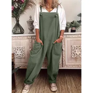 Plus Size Solid Color Wide Leg Jumpsuit without Inner Top, Casual Pocket Design Sleeveless Overalls Jumpsuit for Summer, Women's Plus Clothing for Daily Wear
