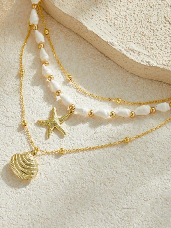 Seashell Starfish Necklace for Women Conch Shell Summer Pearl Beach 14k Gold Layered Dainty Choker