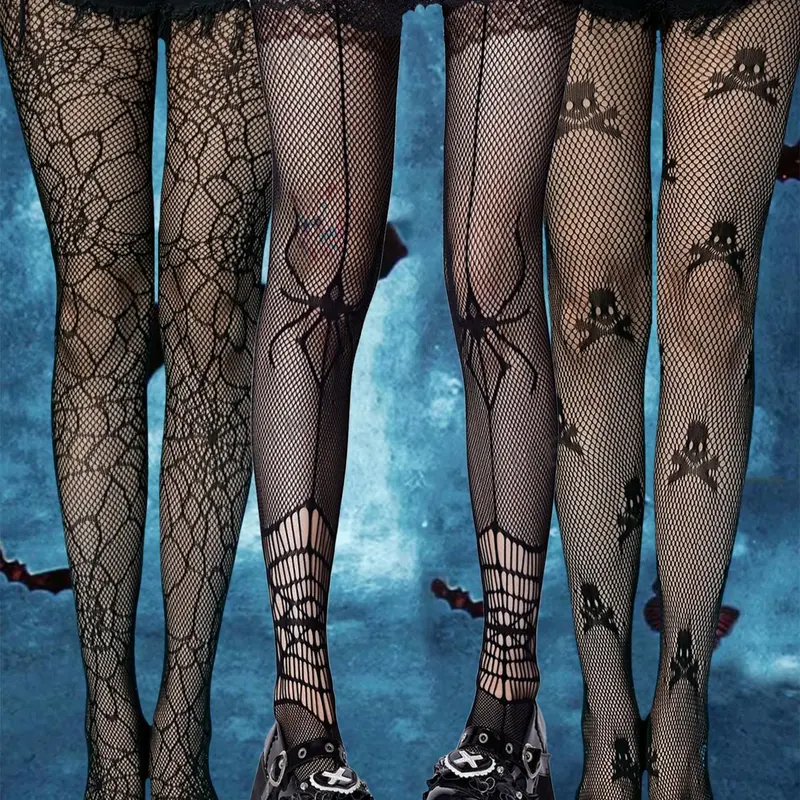 Women's Halloween Themed Costume Clothing Fishnet Mesh Tights, Casual Comfy Breathable Spider Web & Skull Pattern Sheer Tights for Daily Wear, Ladies Black Tights for All Seasons