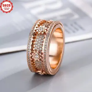 925 Silver Spinner Ring, Unisex European Style Roman Numeral Gear Band with Full Pave Synthetic Zirconia, Size 7, Number 7