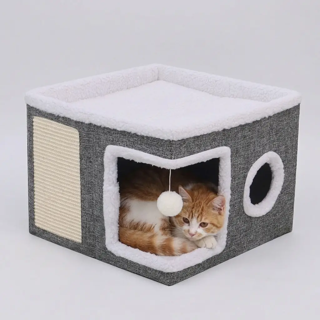2-Tier Folding Cat Condo with Tunnel, Scratching Post & Hanging Ball Toy - Sturdy Canvas Cube Bed, Compact Fit Indoor Play Space for Small/Medium Cats, 16.5x16.5x13in