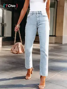 Women's Mid-Waist Slim Fit Straight Leg Jeans Pants, Womenswear, High Waist, Elastic Fabric, All Seasons, Casual Style, Perfect for Dating Outdoors