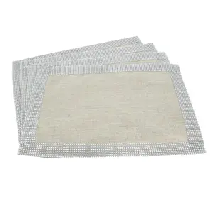 212 MAIN Rectangular Shabby Chic Linen Blend Tableware Placemat - Silver Jeweled Border Design, 4-Piece Set