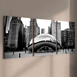 3-Piece Modern Art Canvas Prints Artwork, Chicago Cloud Gate Poster, Cityscape Wall Decor, Modern Home Decor, High-Quality Solid Wood Frame, Ideal Gift