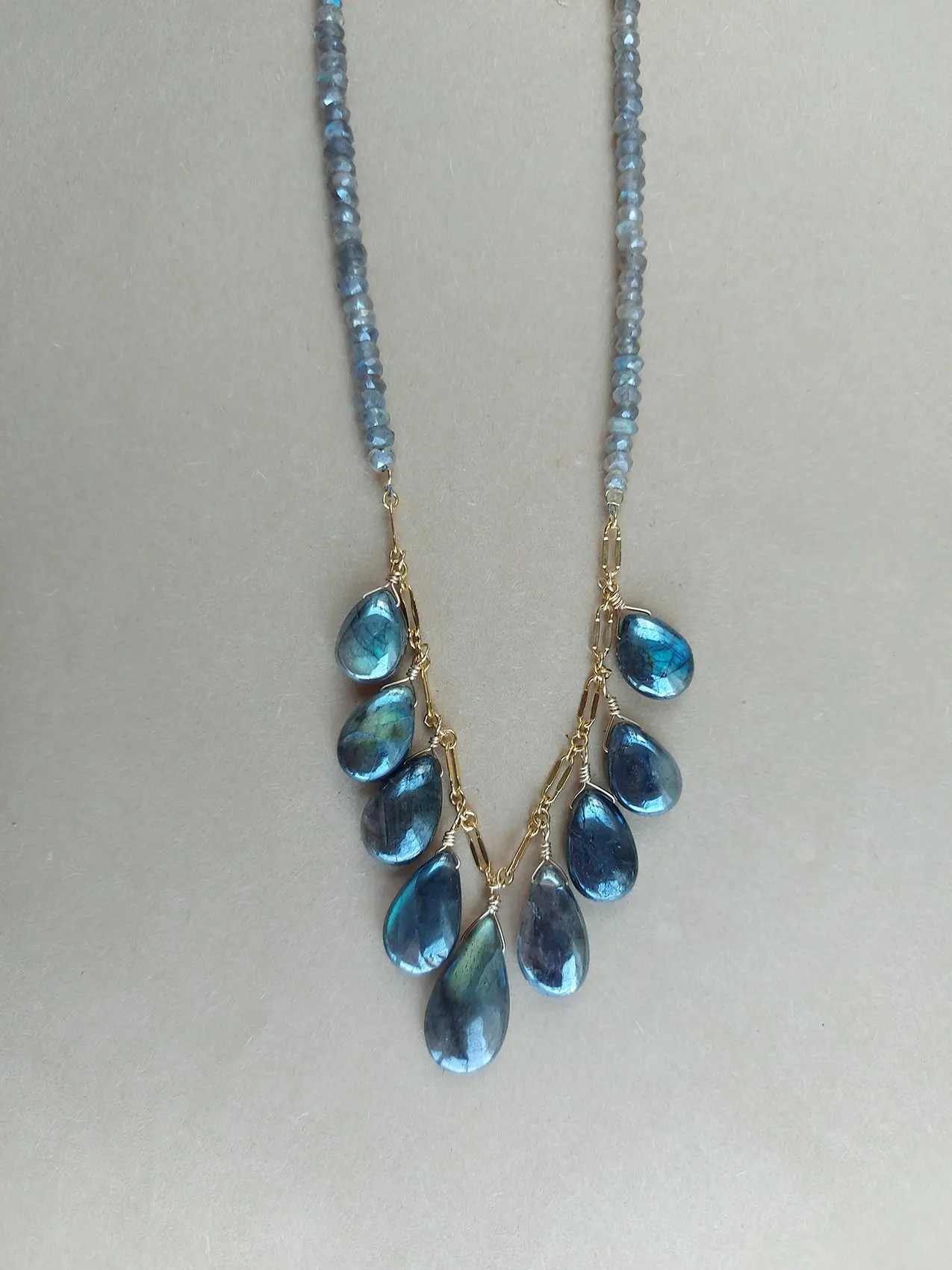 Labradorite Drops Necklace - N 3097, Elegant Labradorite Drops with Delicate Chain, 16-18" Length, Perfect for Casual & Formal Occasions