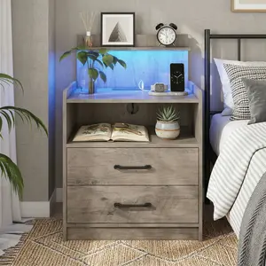 LED Nightstand with Charging Station, 2 Drawers & Open Storage, Bedside Table with LED Lights, USB Ports & Outlets, Modern End Table for Bedroom Living Room