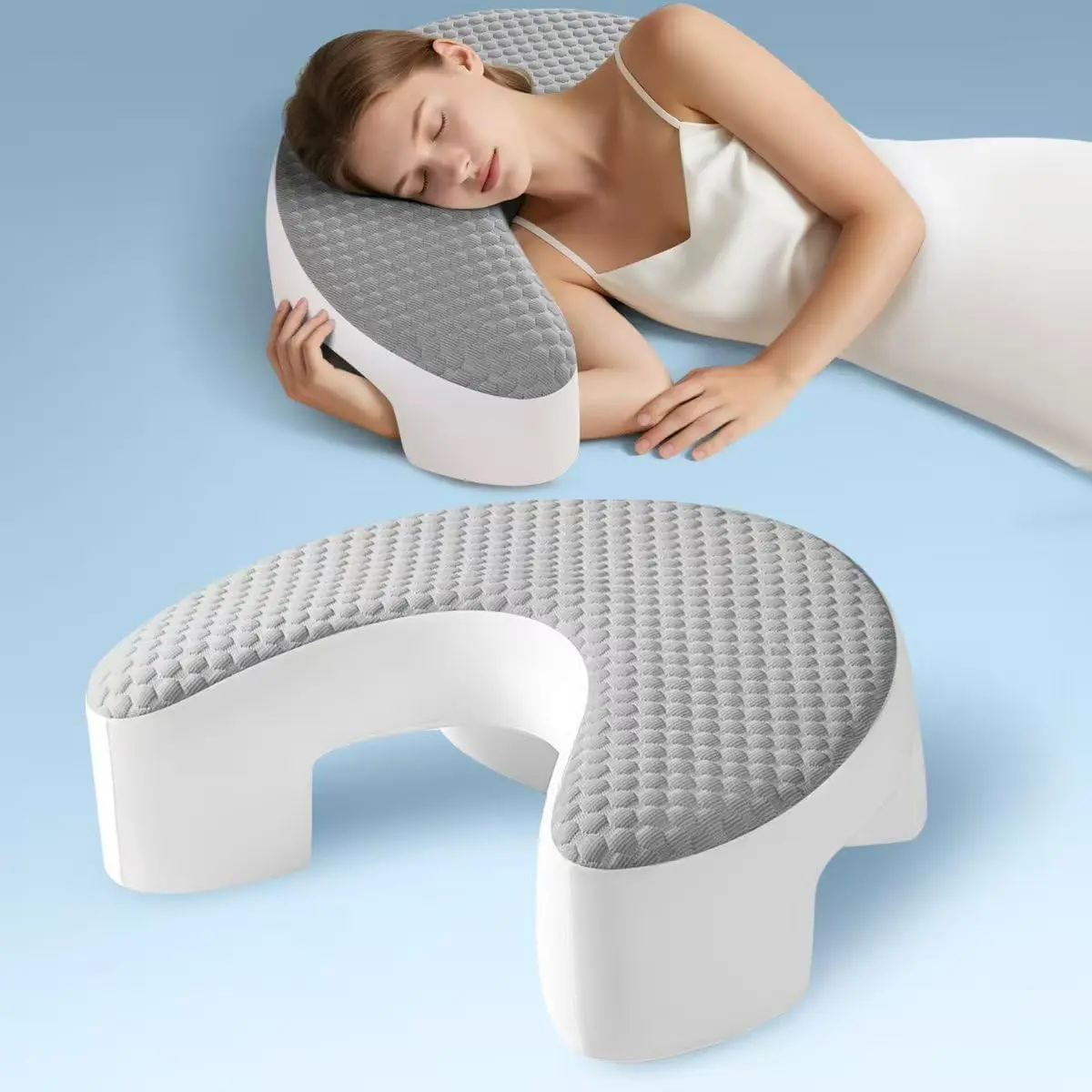 Memory Foam Side Sleeper Pillow for Adults with Arm Hole Design, Supportive Bolster, Concave Core, Cooling Breathable Cover – Relieve Neck/Shoulder/Knee Pain, Improve Breathing, Reduce Facial Compression (Grey,17"x21") for Sleep & Relax